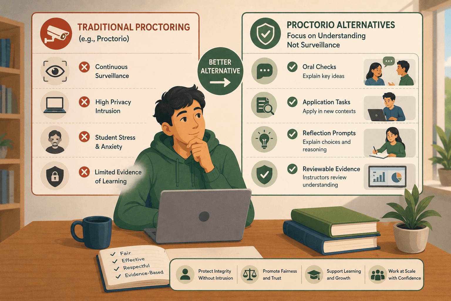 An online class using a reviewable assessment dashboard instead of surveillance proctoring