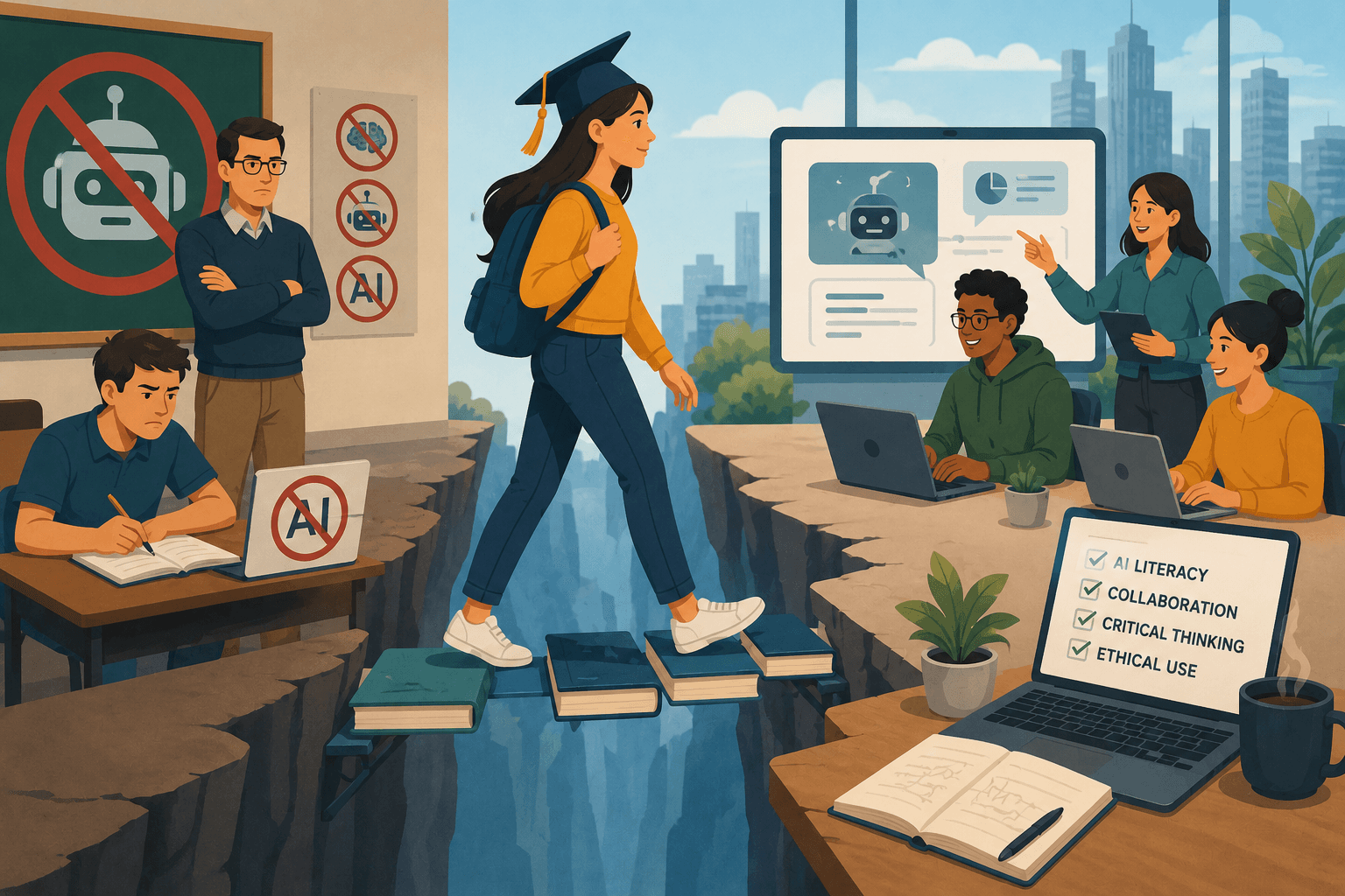 A graduate moving between classroom AI policy and modern workplace AI tools