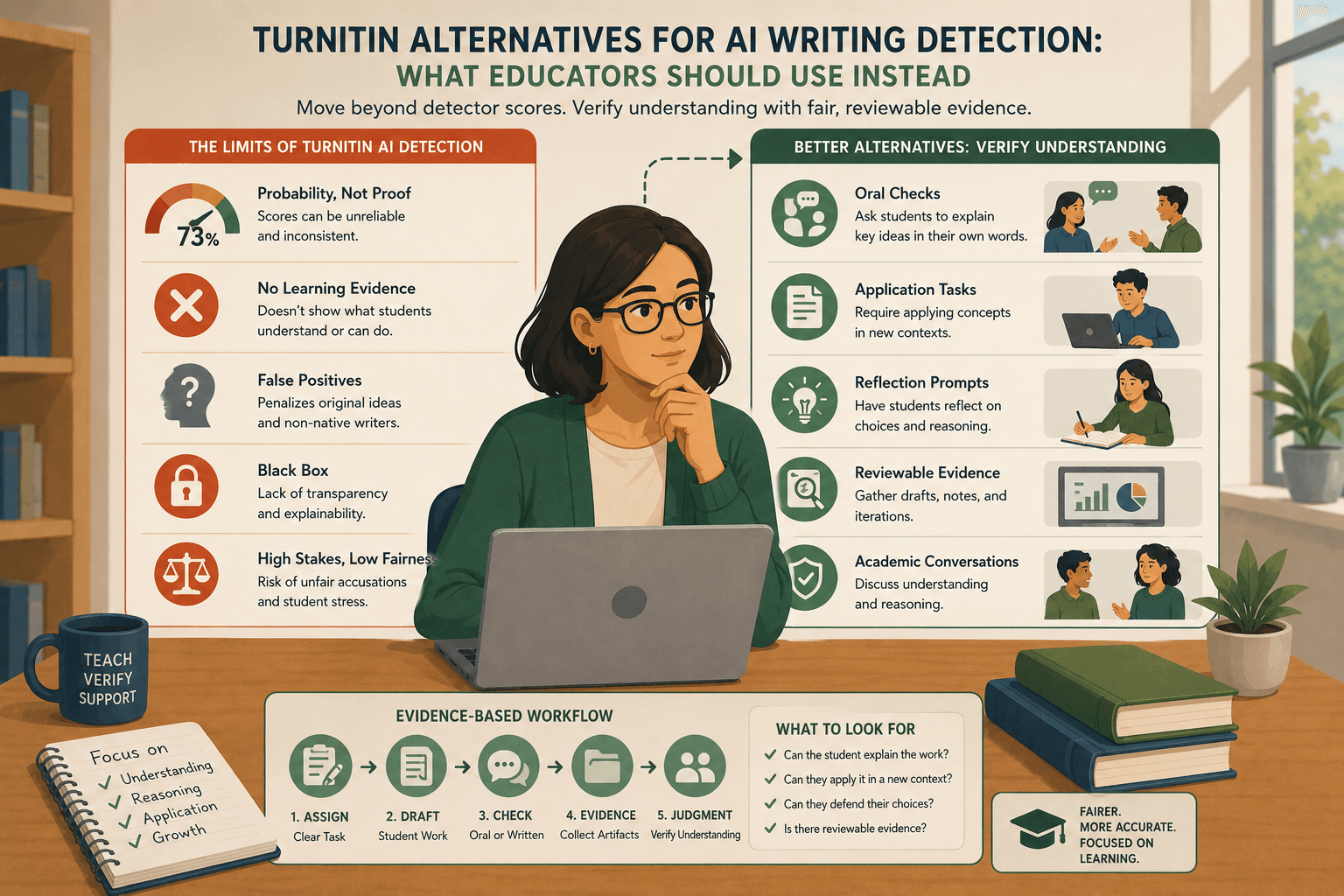 An educator reviewing student understanding evidence instead of relying on an AI writing score
